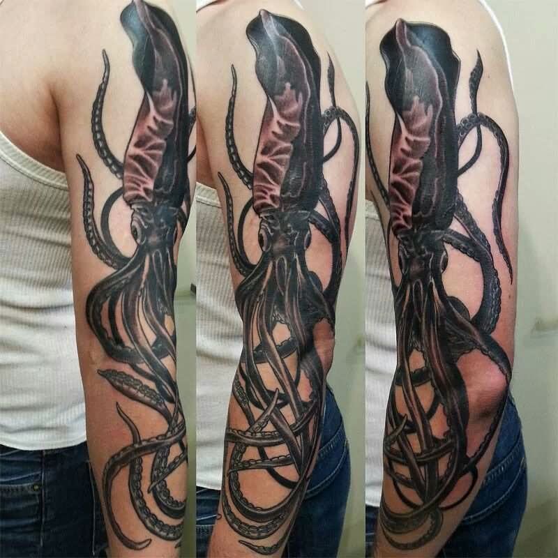 Black And Grey Squid Tattoo On Left Sleeve For Men