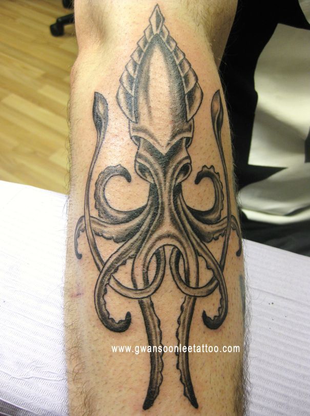 Black And Grey Squid Tattoo On Right Arm