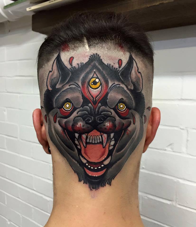 Black And Grey Three Eyes Bat Head Tattoo On Back Head by Best UK Tattoo Artist