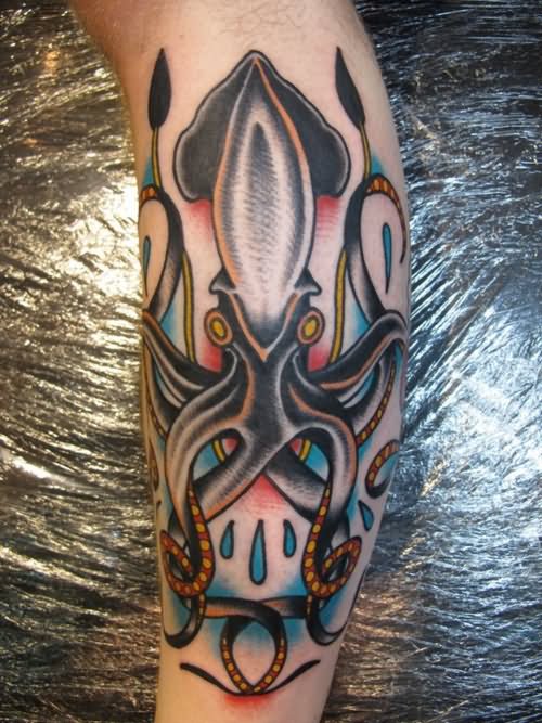 Black And Grey Traditional Squid Tattoo