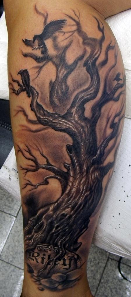 Black And Grey Tree Without Leaves Tattoo On Leg Calf
