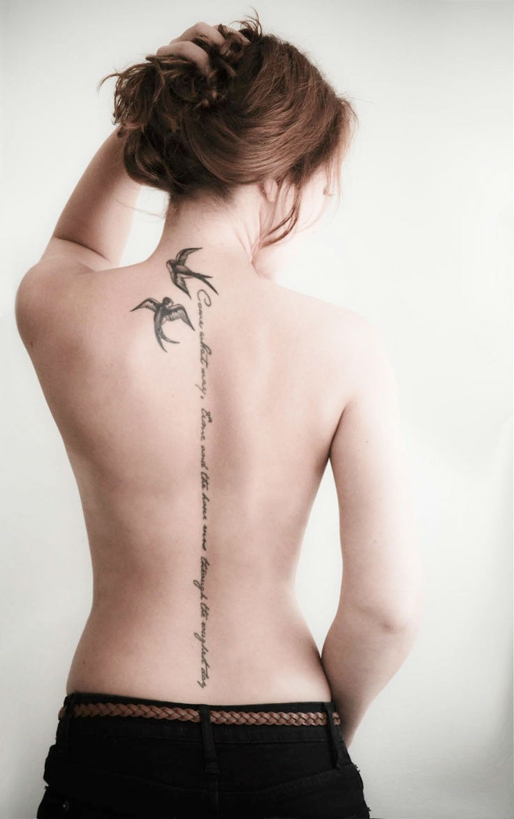 Black And Grey Two Flying Birds Tattoo On Women Upper Back
