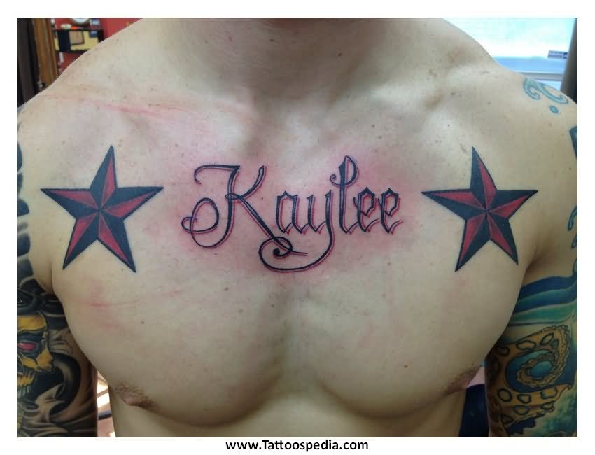 Black And Red Nautical Stars With Kaylee Name Tattoo On Man Chest