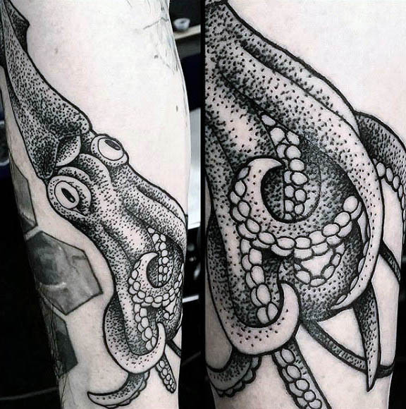 Black And White Dot Work Squid Tattoo