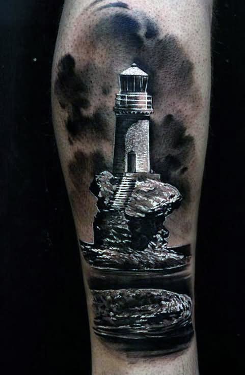 Black And White Lighthouse Tattoo Design For Leg Calf