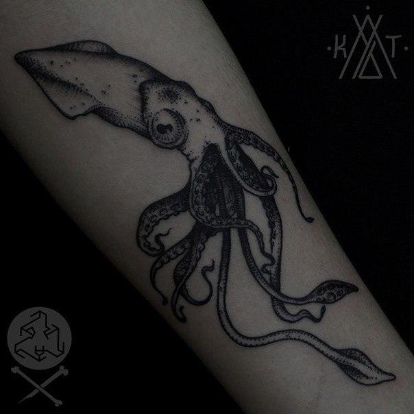 Black And White Squid Tattoo On Forearm