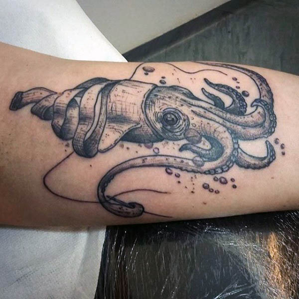 Black And White Squid Tattoo On Left Forearm