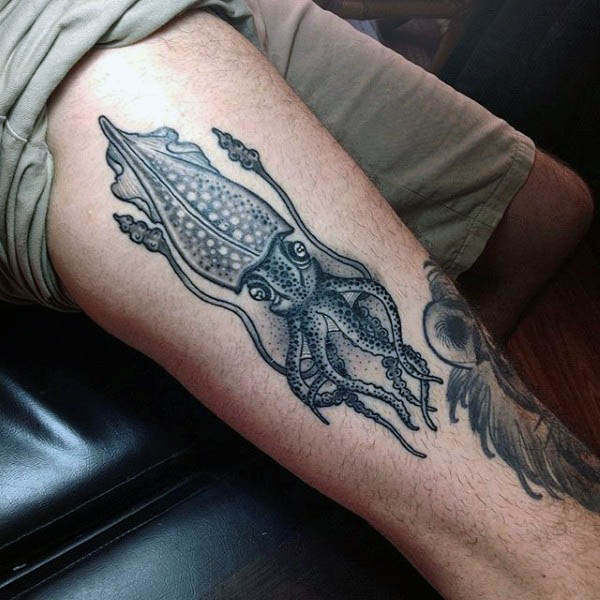 Black And White Squid Tattoo On Right Leg
