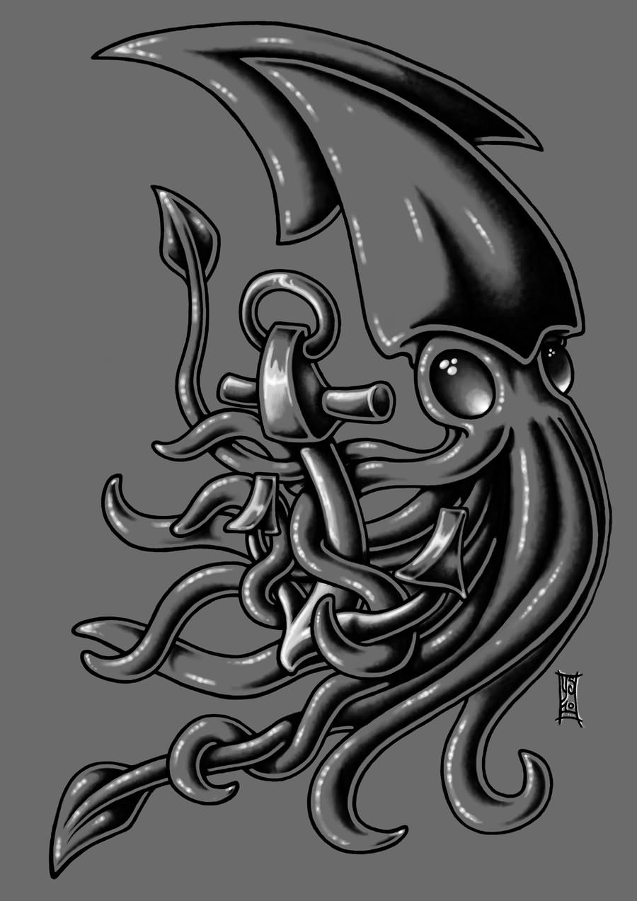 Black And White Squid With Anchor Tattoo Design by Myandra