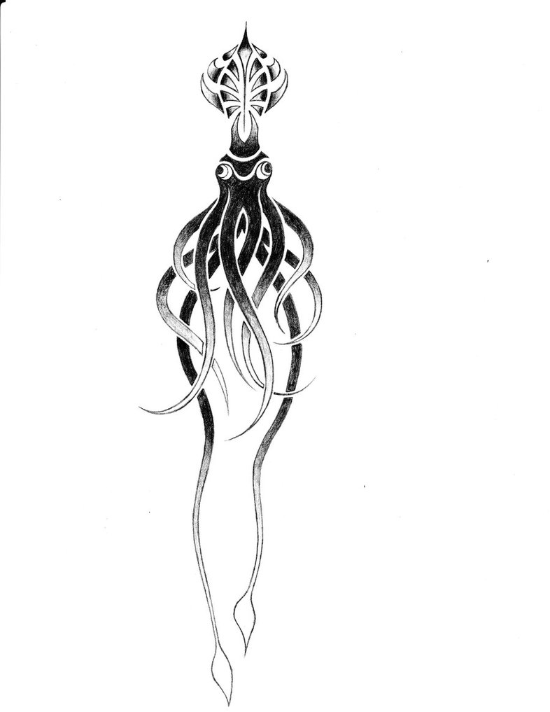 Black And White Tribal Squid Tattoo Design by Jaredputnam