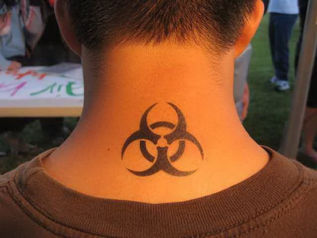 Black Biohazard Tattoo On Man Back Neck