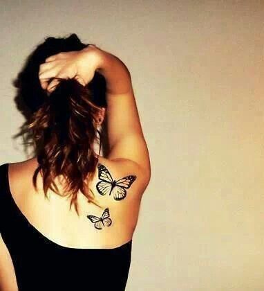 Black Butterflies Tattoo On Women Right Back Shoulder