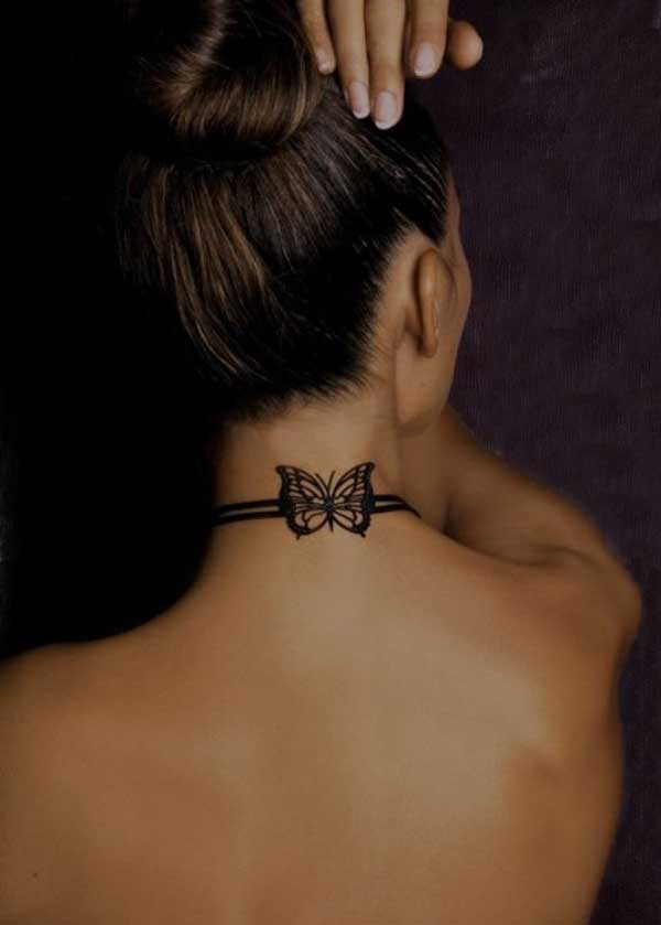 Black Butterfly Tattoo On Girl Back Neck