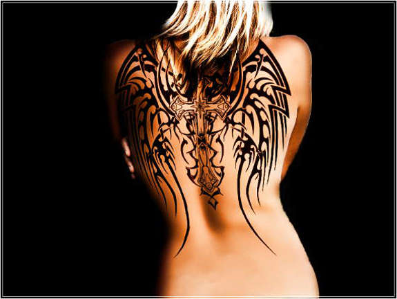 Black Cross With Tribal Wings Tattoo On Upper Back