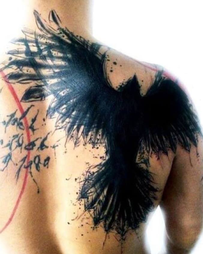 Black Crow Tattoos On Right Back Shoulder