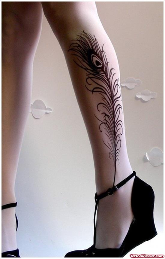 Black Feather Tattoo Design For Girl Leg