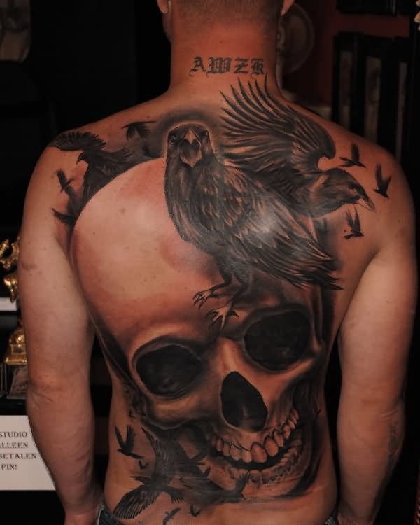 Black Ink 3D Skull With Ravens Tattoo Full Back