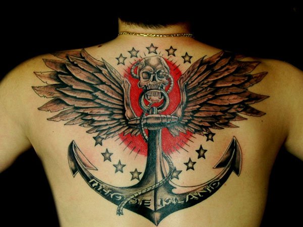 Black Ink Anchor With Wings Tattoo On Man Upper Back