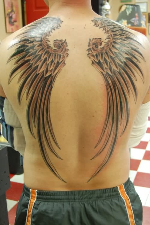 Black Ink Angel Wings Tattoo On Full Back