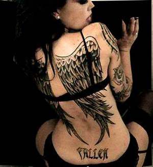 Black Ink Angel Wings Tattoo On Girl Back