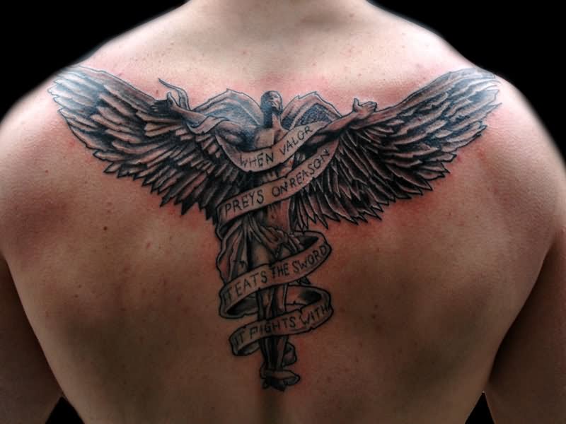 Black Ink Angel With Banner Tattoo On Upper Back