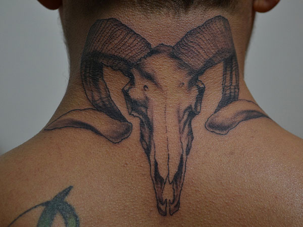 Black Ink Aries Skull Tattoo Design For Men Back Neck