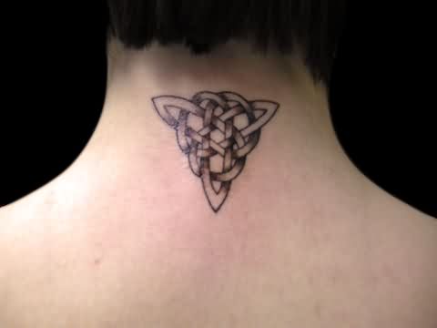 Black Ink Celtic Knot Tattoo On Back Neck