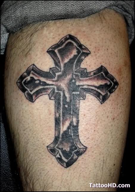 Black Ink Cross Tattoo Design For Leg Calf