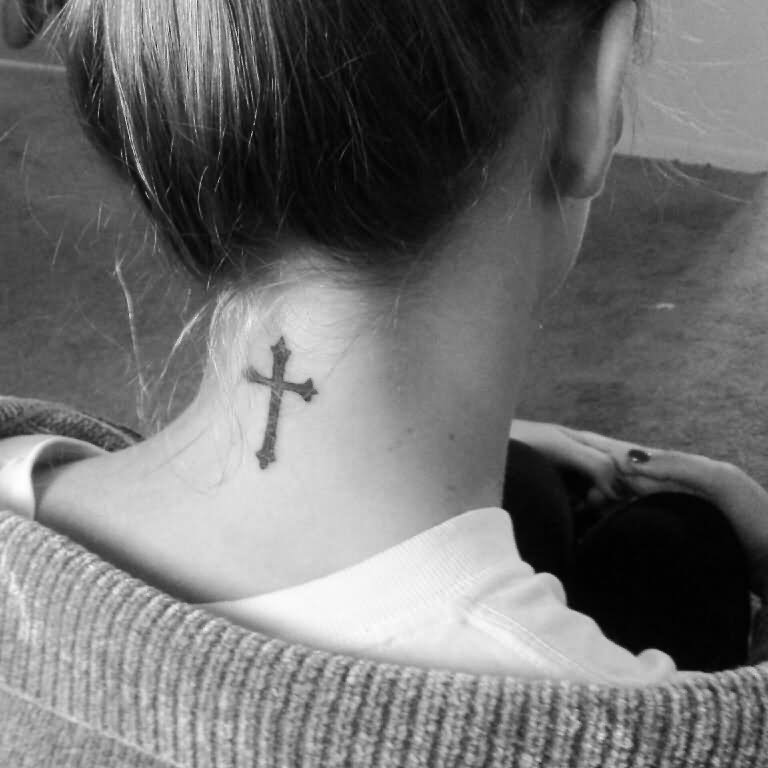Black Ink Cross Tattoo On Girl Back Neck