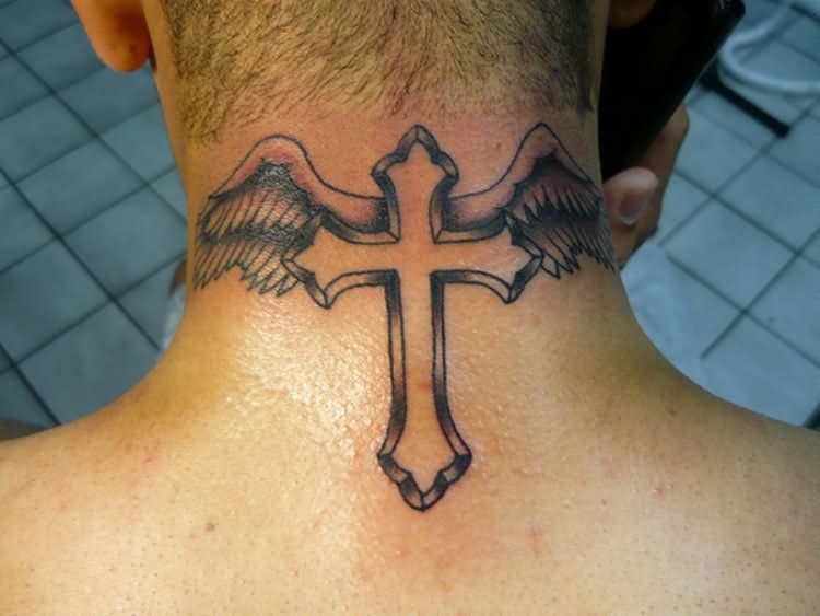 Black Ink Cross With Wings Tattoo On Man Back Neck