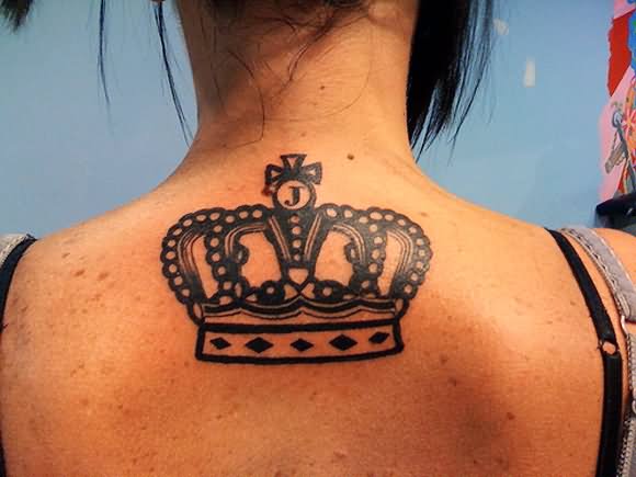 Black Ink Crown Tattoo On Girl Back Neck