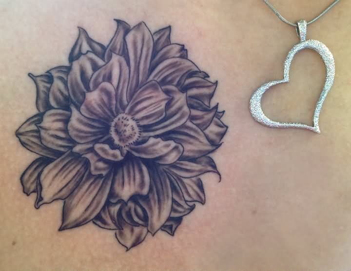 Black Ink Dahlia Flower Tattoo Design For Girl