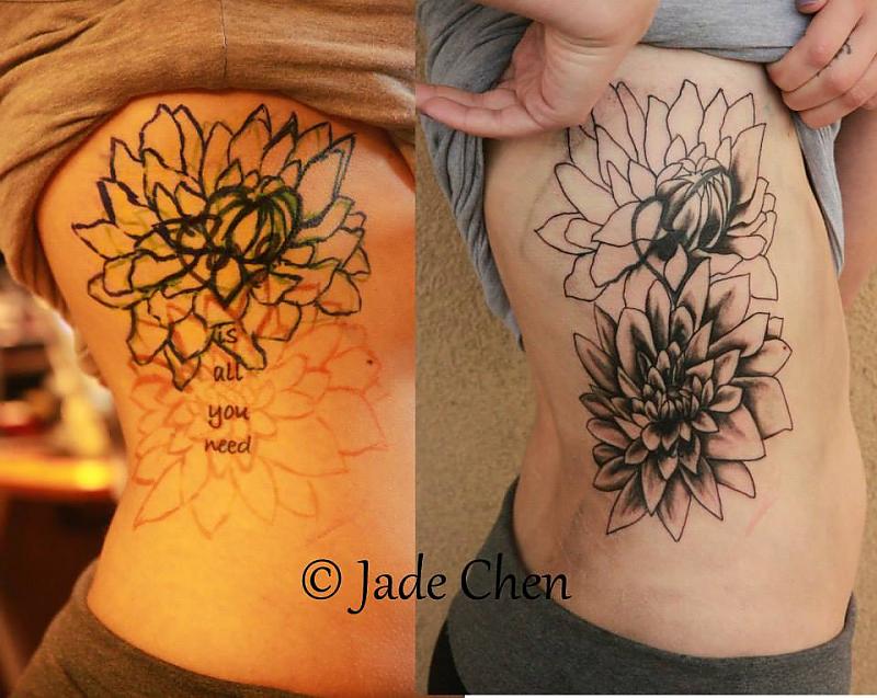 Black Ink Dahlia Flower Tattoo Design For Side Rib