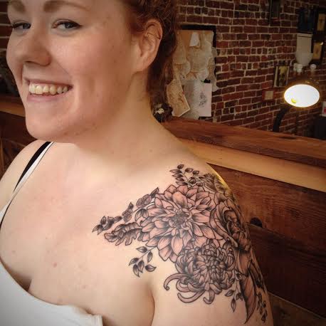 Black Ink Dahlia Flower Tattoo On Left Shoulder By Lisa Maurine