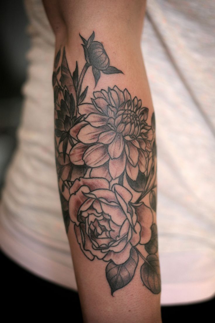 Black Ink Dahlia Flower With Rose Tattoo On Right Arm