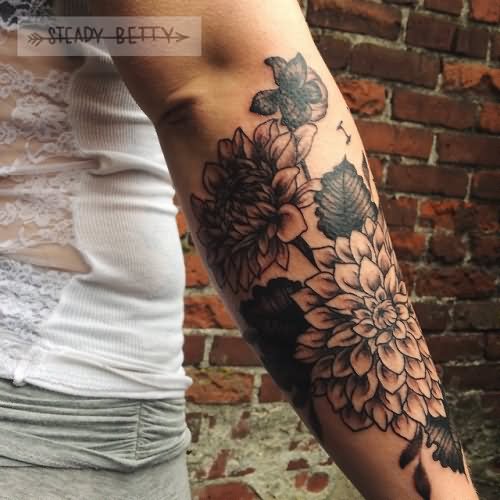 Black Ink Dahlia Flowers Tattoo Design For Sleeve