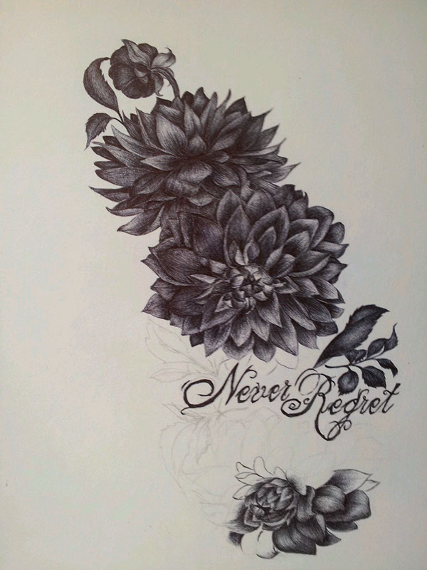 Black Ink Dahlia Flowers Tattoo Design