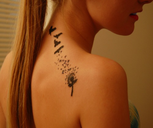 Black Ink Dandelion With Flying Birds Tattoo On Women Right Back Shoulder By Brenda Castillo