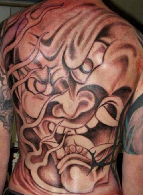 Black Ink Demon Tattoo On Full Back