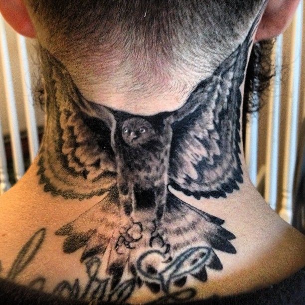 Black Ink Eagle Tattoo On Man Back Neck