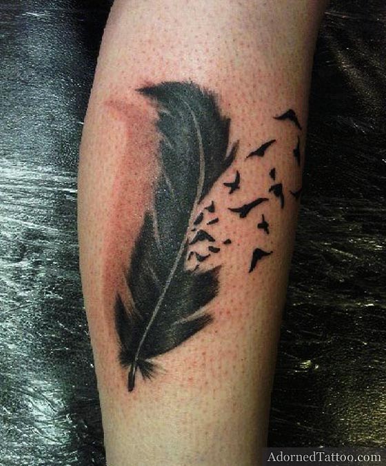 Black Ink Feather With Flying Birds Tattoo Design For Leg Calf