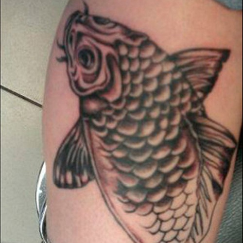 Black Ink Fish Tattoo Design For Leg Calf