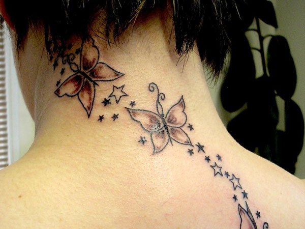 Black Ink Flying Butterflies With Stars Tattoo On Back Neck