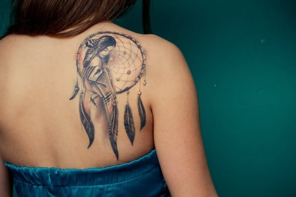 Black Ink Girl With Dreamcatcher Tattoo On Women Right Back Shoulder