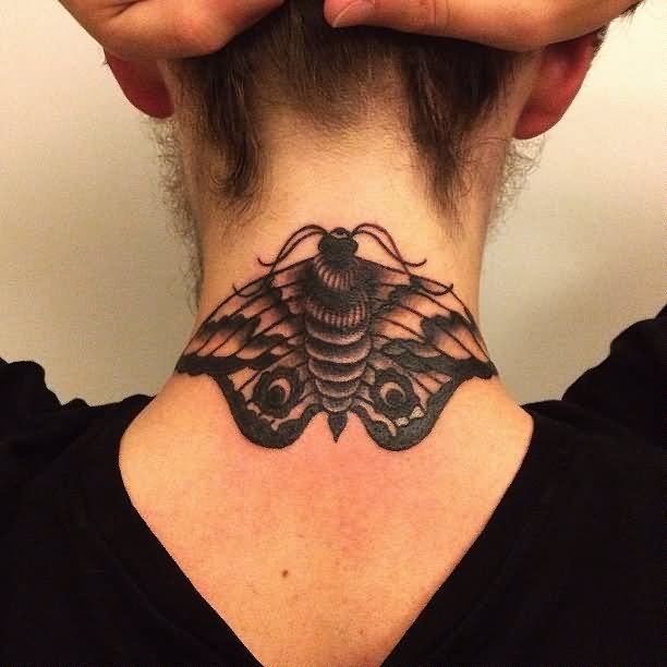 Black Ink Moth Tattoo On Back Neck