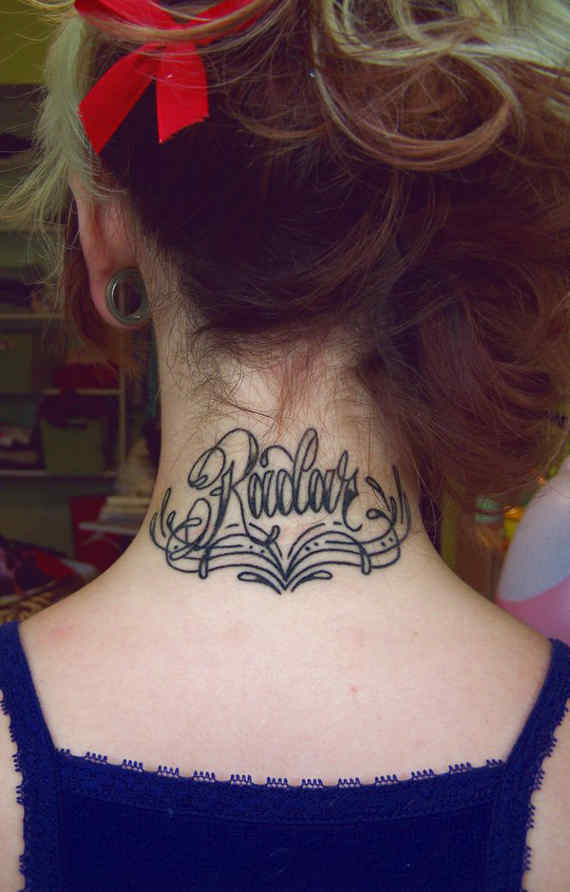 Black Ink Radar Name Tattoo On Girl Back Neck
