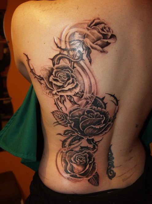 Black Ink Roses Tattoo On Full Back