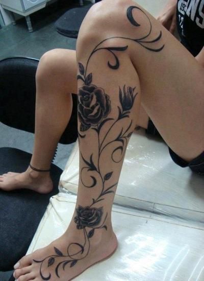 Black Ink Roses Tattoo On Girl Left Leg