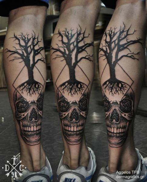 Black Ink Skull With Tree Without Leaves Tattoo On Leg Calf By Dermagrafics