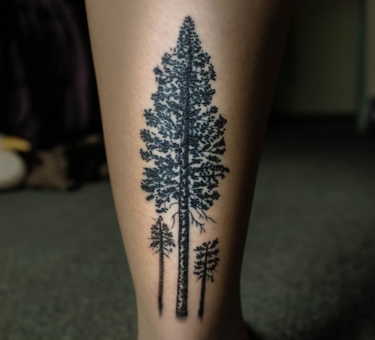 Black Ink Tree Tattoo Design For Leg Calf